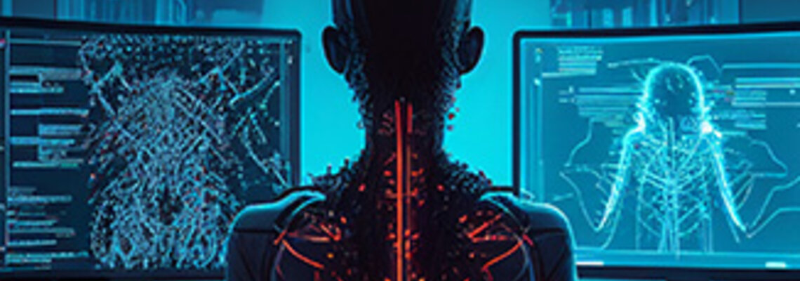 Cyborg sitzt an Schreibtisch mit Bildschirmen