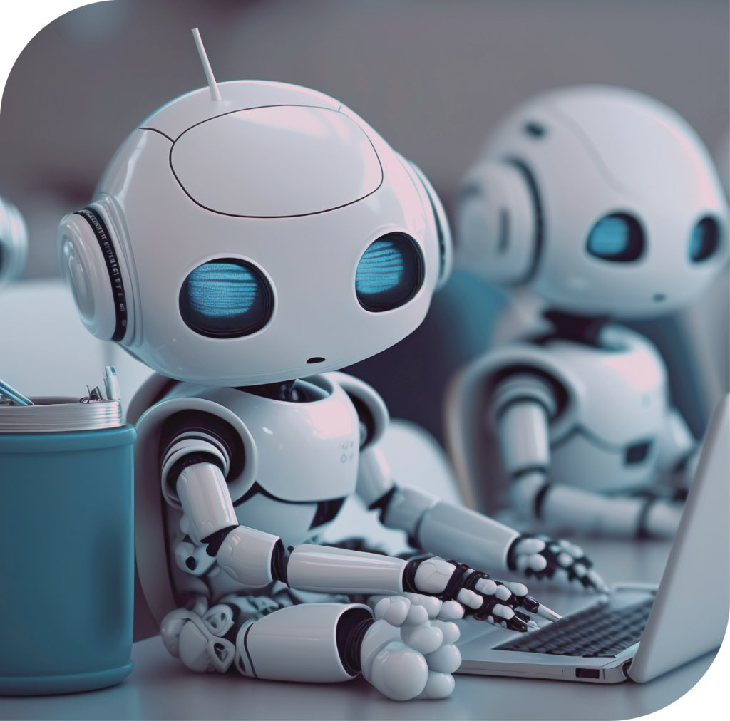 Kleine Roboter sitzen an Laptops