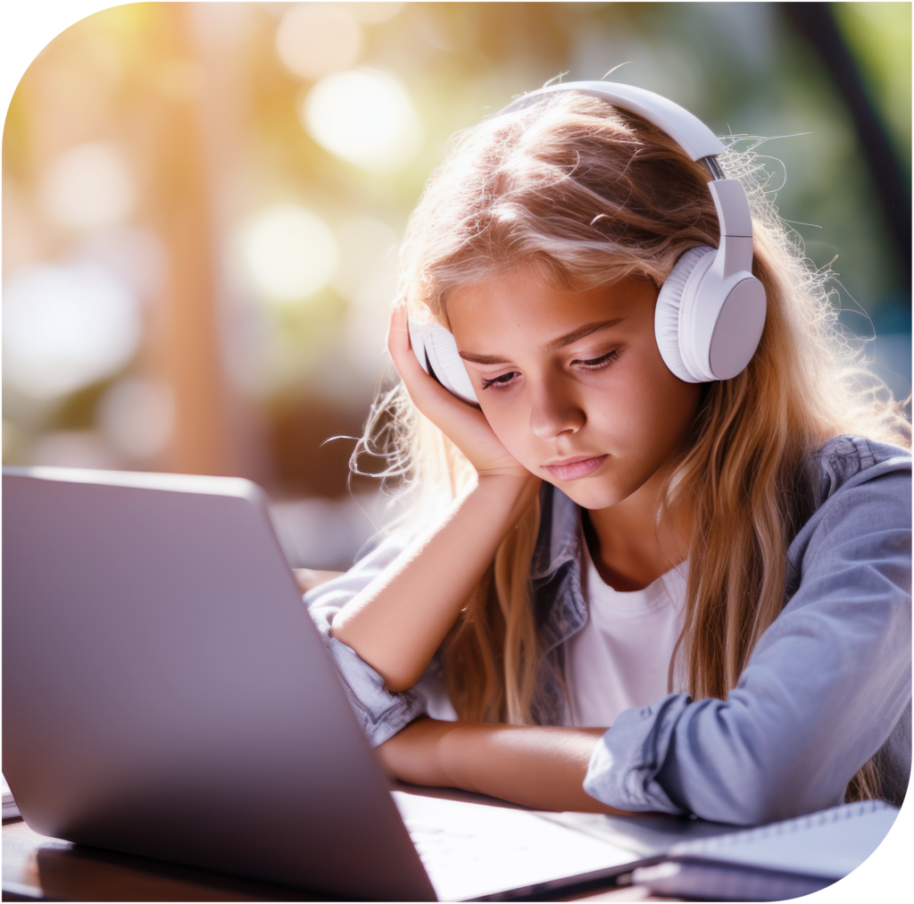 Mädchen mit Headphones vor Laptop
