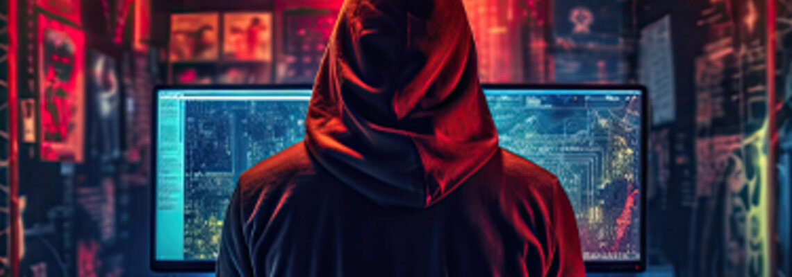 Futuristische Person mit Kapuze vor Monitoren