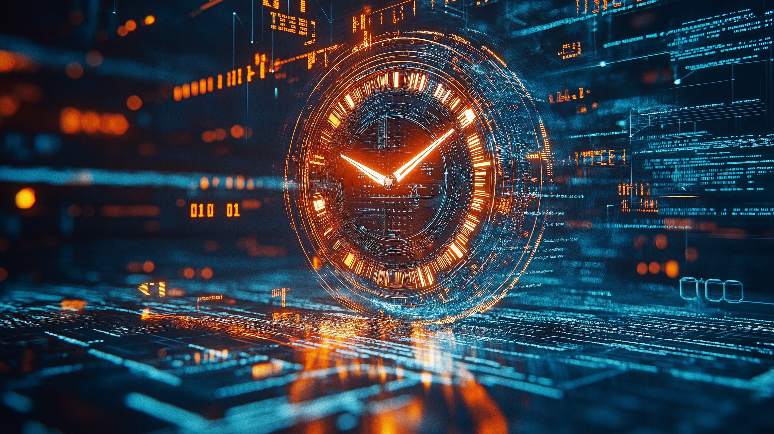 Digitale Illustration einer leuchtenden Uhr mit orangefarbenen Zeigern und Markierungen, eingebettet in ein futuristisches Netzwerk aus Daten und Schaltkreisen.