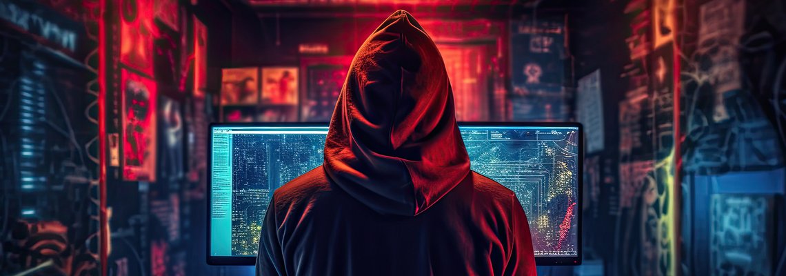 Futuristische Person mit Kapuze vor Monitoren