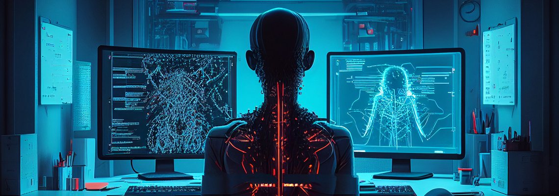 Cyborg sitzt an Schreibtisch mit Bildschirmen