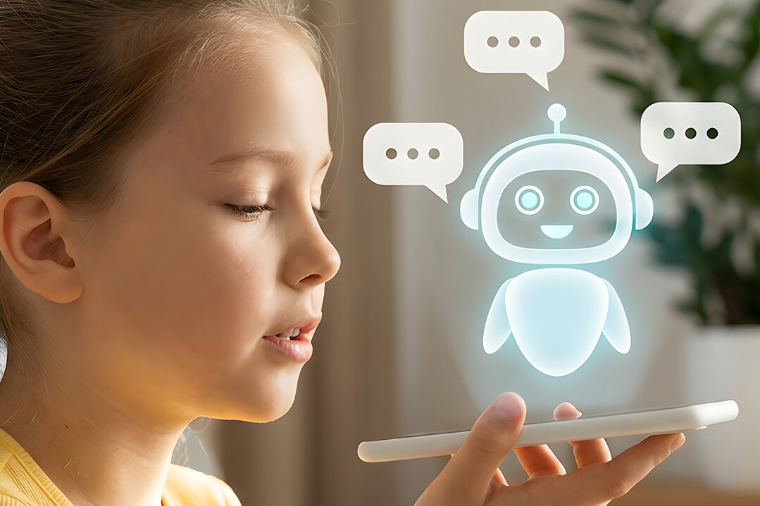 Ein Mädchens, das über ein Smartphone mit einem digitalen KI-Chatbot kommuniziert; Sprechblasen symbolisieren den Austausch mit künstlicher Intelligenz.