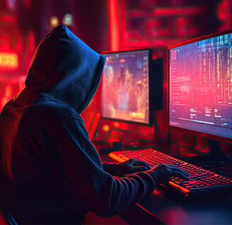 Zum Beitrag: 6 Tipps für den Schutz deiner personenbezogenen Daten! Zu sehen: Futuristische Person mit Kapuze vor Monitoren
