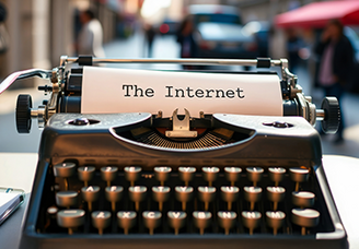 Eine alte Schreibmaschine. "The Internet" steht in alten Lettern auf dem Papier.