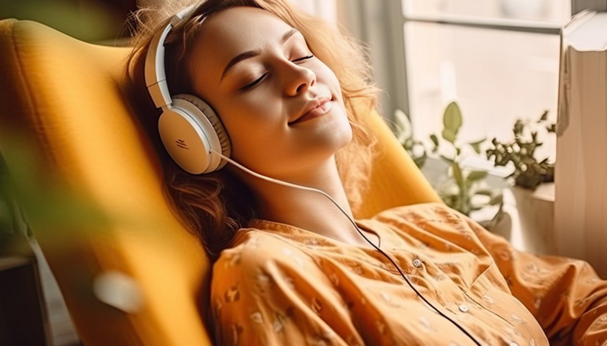 Junge Frau entspannt mit Kopfhörern im Sessel.