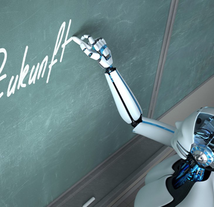 Roboter schreibt "Die Zukunft" an eine Tafel