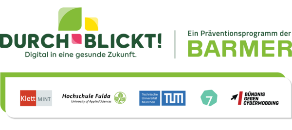 Logos der DURCHBLICKT!-Partner KlettMint, Hoschule Fulde, TU München, 7Mind und Bündnis gegen Cybermobbing
