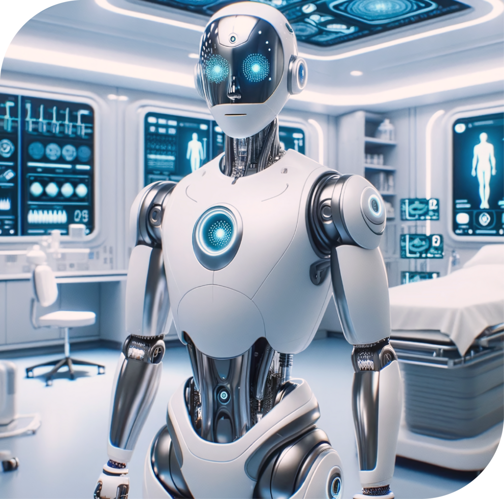 Roboter steht in futuristischem Raum