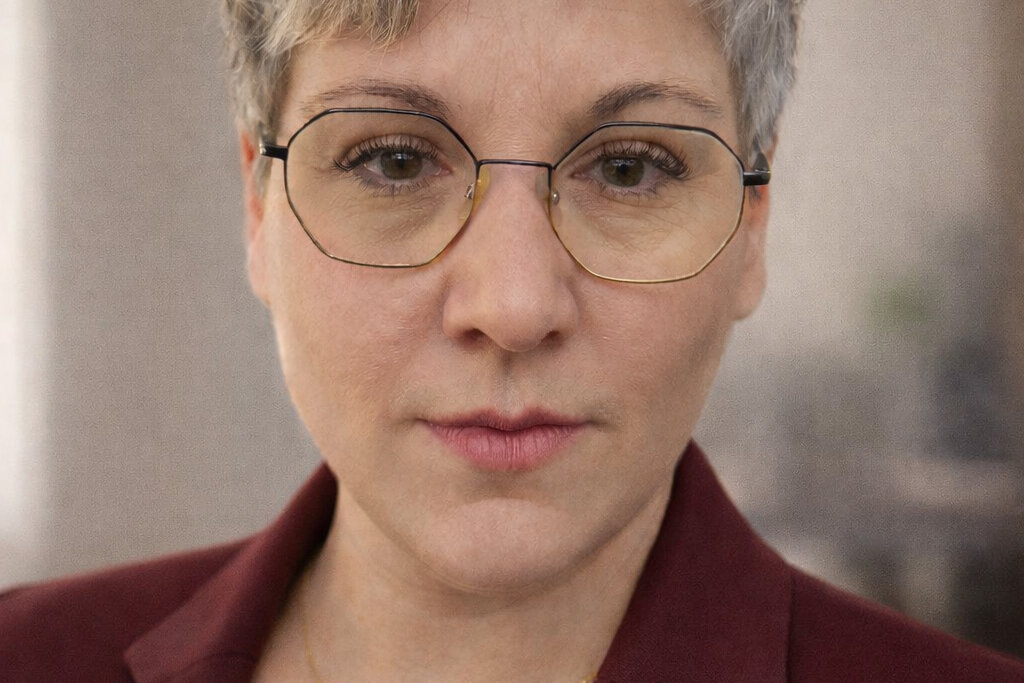 Porträt von Aline Sommer-Noack, Gastautorin bei BARMER Durchblickt, mit kurzen grauen Haaren und Brille vor unscharfem Hintergrund.