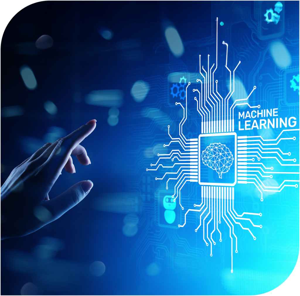 Hand zeigt auf Hologramm eines Motherboard-Schaltkreises