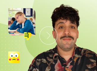 Mann blickt freundlich in die Kamera, daneben ein kleines Bild eines erschöpften Schulkindes und ein trauriger Emoji auf grünem Hintergrund.