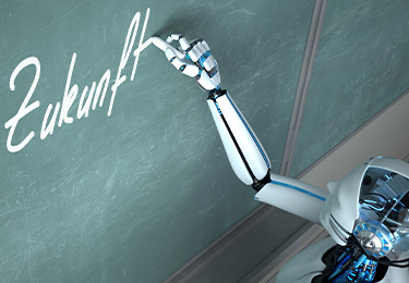 Roboter schreibt "Die Zukunft" an eine Tafel