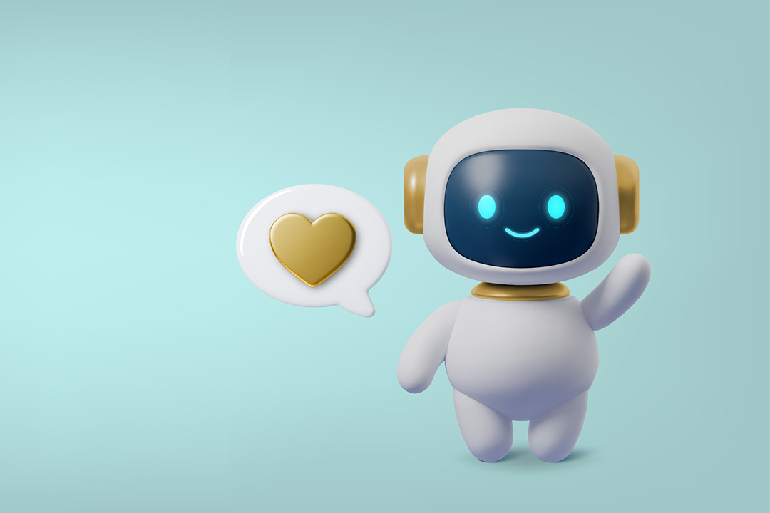 Freundlich winkender KI-Chatbot mit Herzsymbol; Illustration zum Thema, wie künstliche Intelligenz zur Vertrauensperson werden kann.
