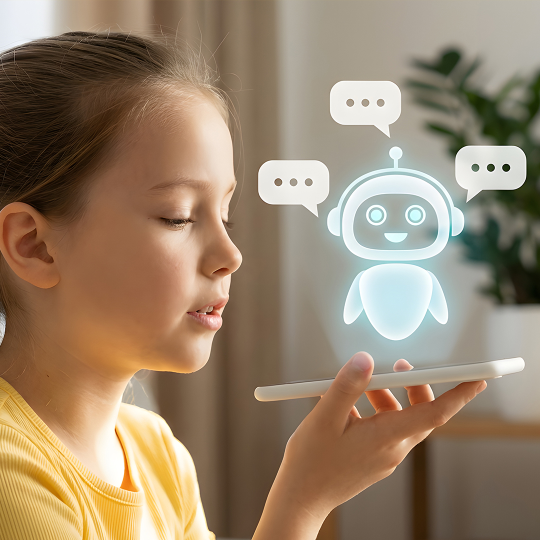 Ein Mädchens, das über ein Smartphone mit einem digitalen KI-Chatbot kommuniziert; Sprechblasen symbolisieren den Austausch mit künstlicher Intelligenz. 20260625_DGK_Interview_van_der_Meer_header-2.jpg