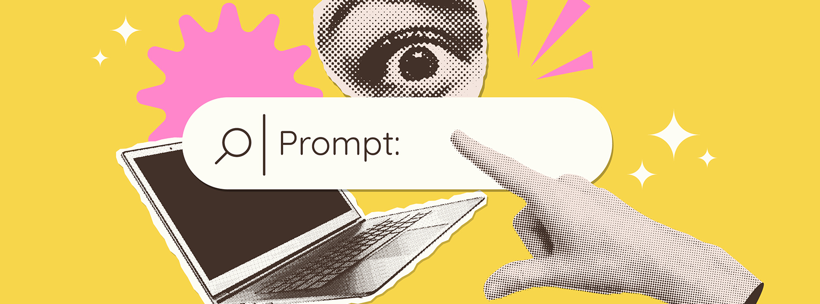 Grafische Collage zum Thema künstliche Intelligenz mit Suchfeld „Prompt“, Laptop, Auge und einer Hand, die auf das Eingabefeld zeigt.