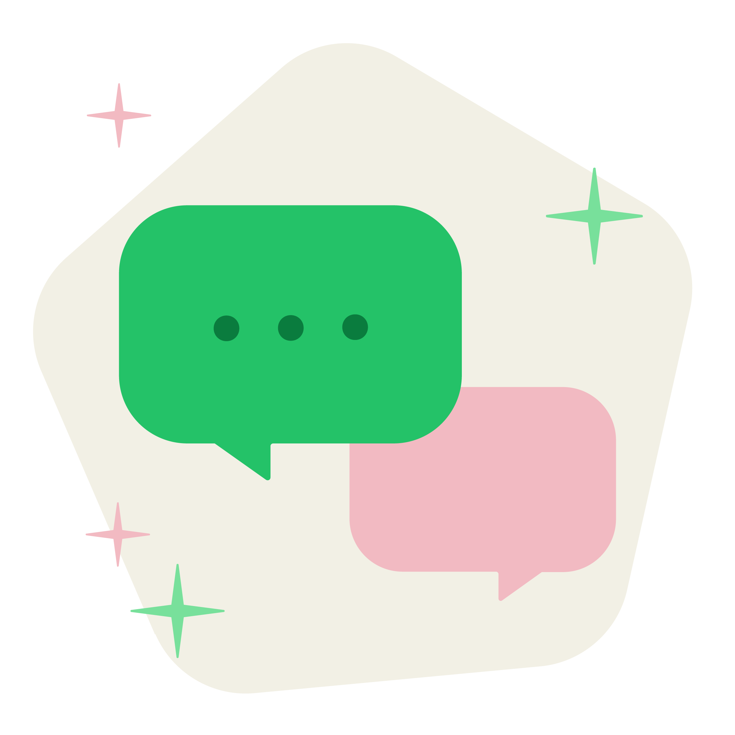 Illustration: Grüne und rosa Sprechblasen mit Sternen, Symbol für offene Kommunikation und Dialog